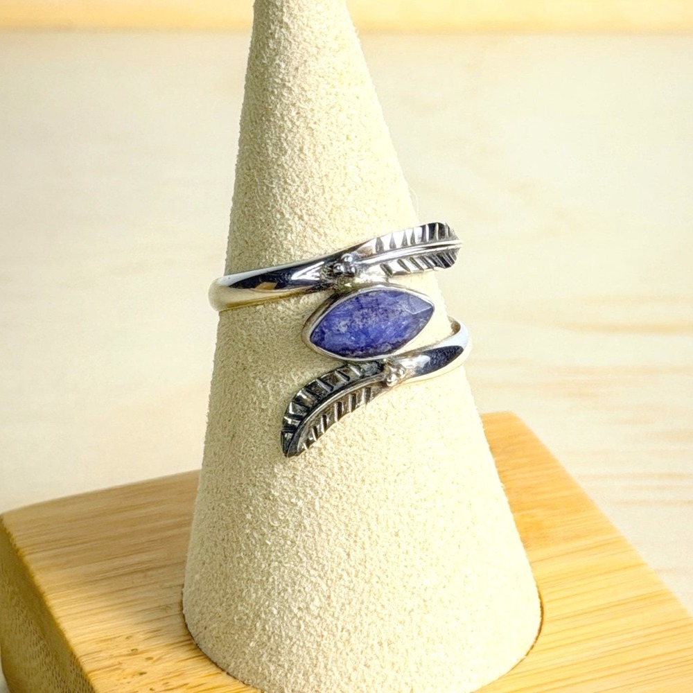 Boho Vintage Blueish Purple Lapis Lazuli 925 Silver Feather Bypass Ring Size 9 - Picture 7 of 7